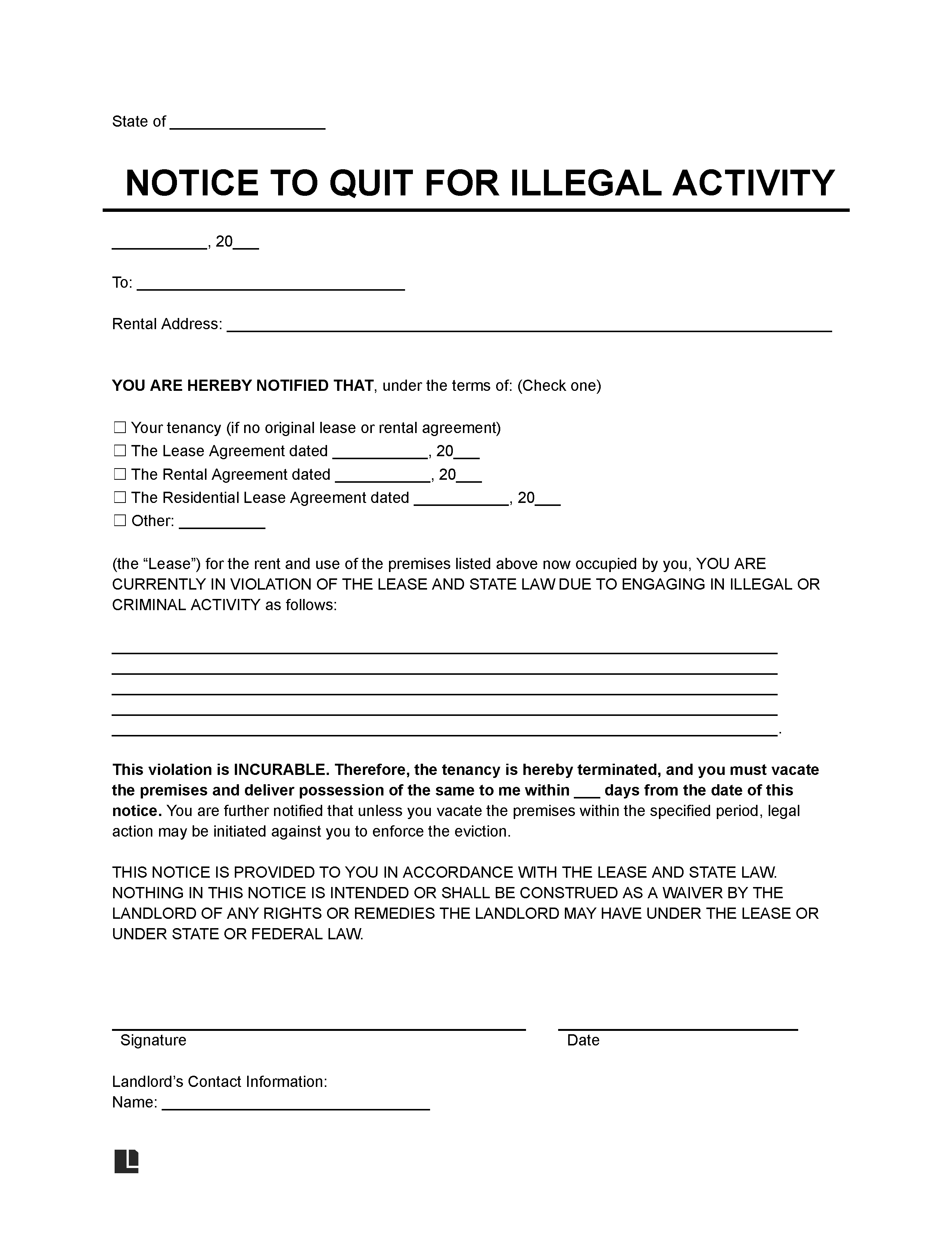 Eviction Notice to Quit for Illegal Activity Template
