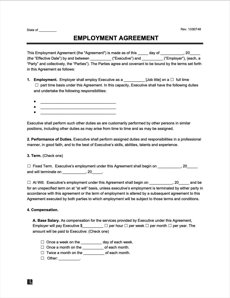Executive employment agreement screenshot