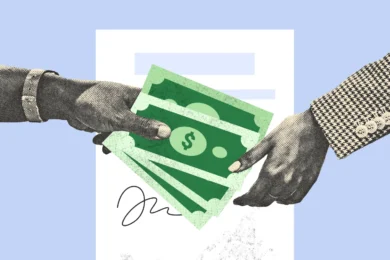 Two hands exchanging cash over a signed document.