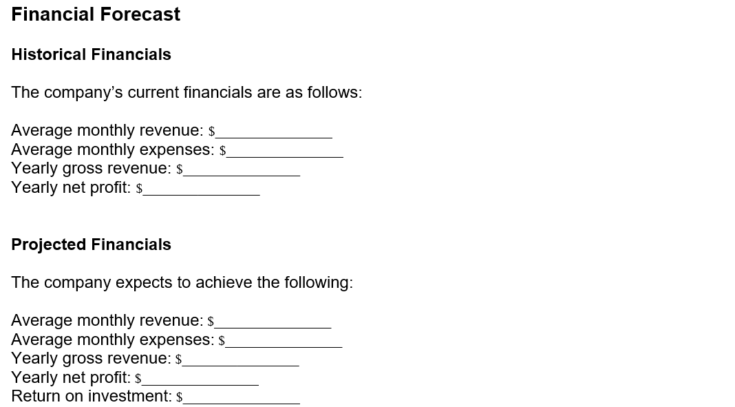 An example of where to detail financial information in our business plan template.