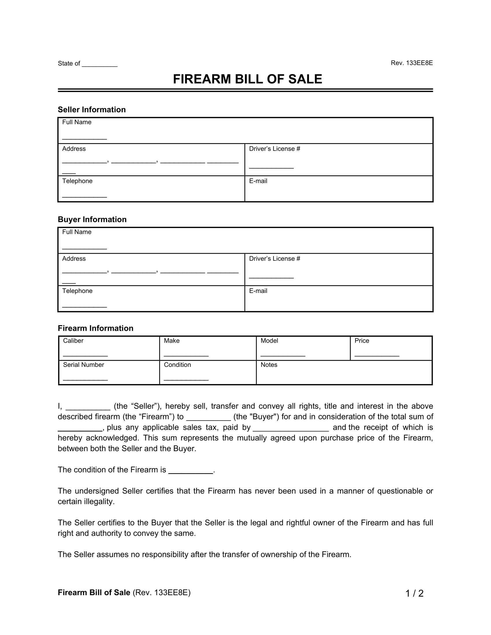 Firearm (Gun) Bill of Sale Form
