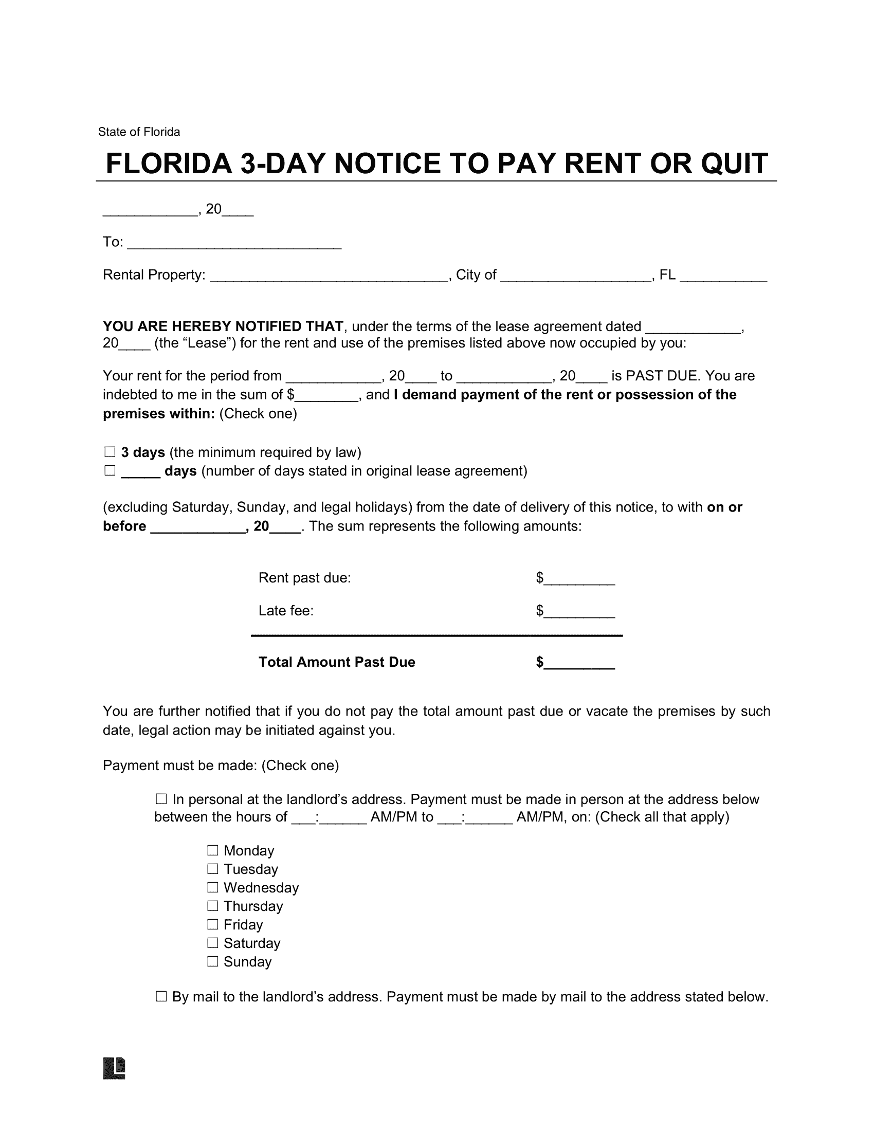 Florida 3-Day Eviction Notice to Quit for Non-Payment of Rent