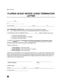 Florida 30-Day Notice Lease Termination Letter Template