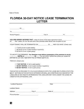 Florida 30-Day Notice Lease Termination Letter Template