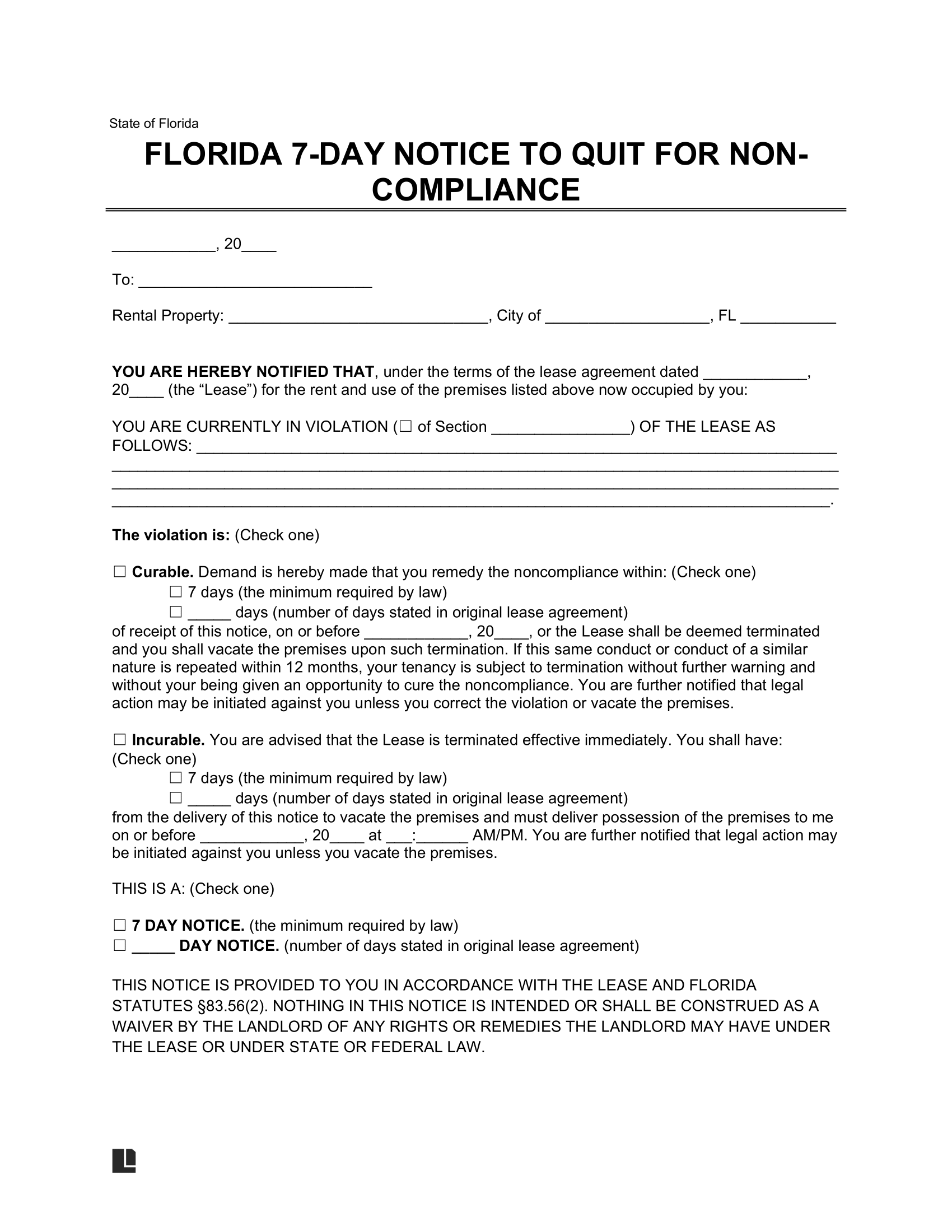 Florida 7-Day Eviction Notice to Quit for Non-Compliance