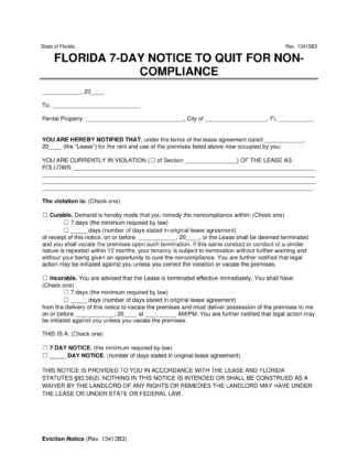 Free Florida 7-Day Notice to Quit | Non-Compliance | PDF & Word