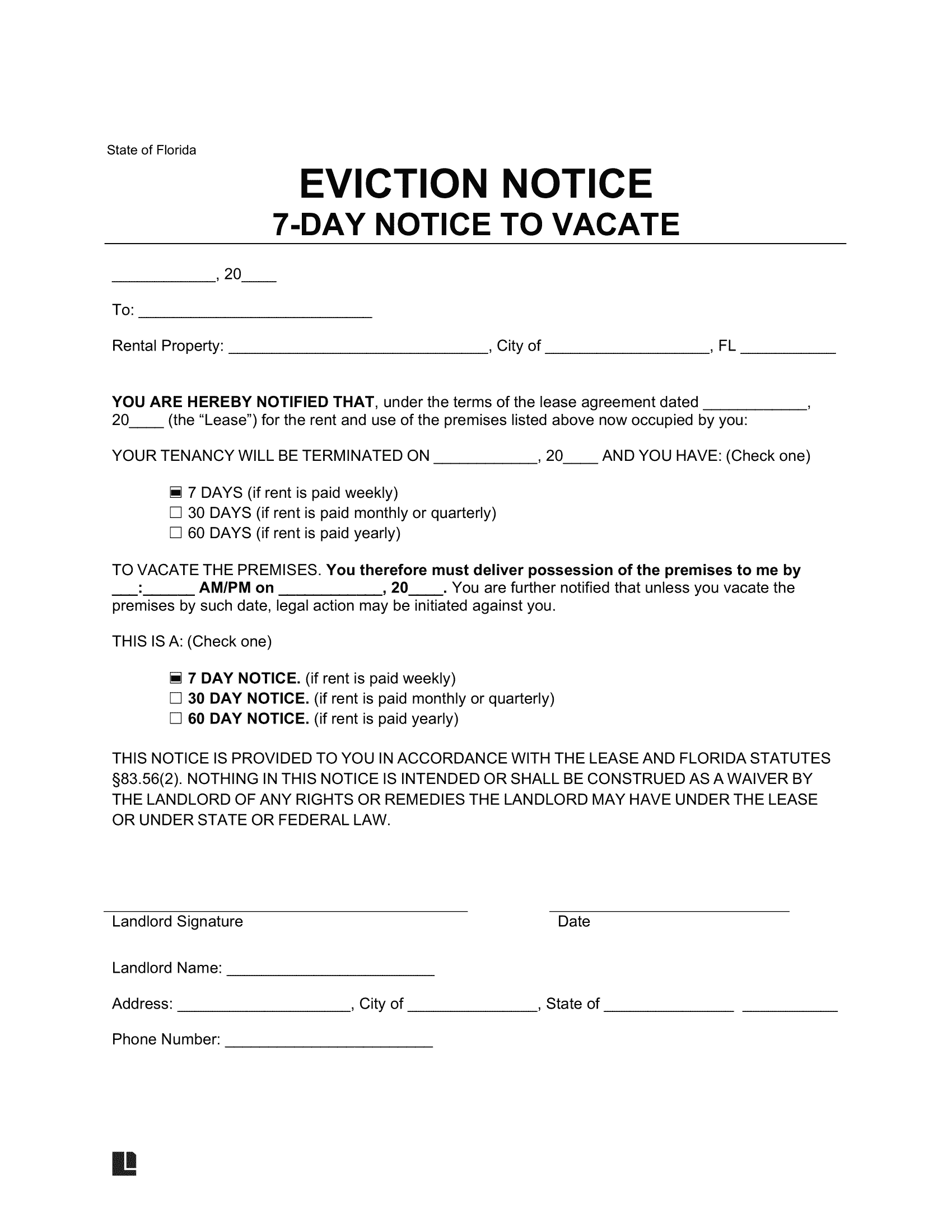 Florida 7 Day Notice to Vacate