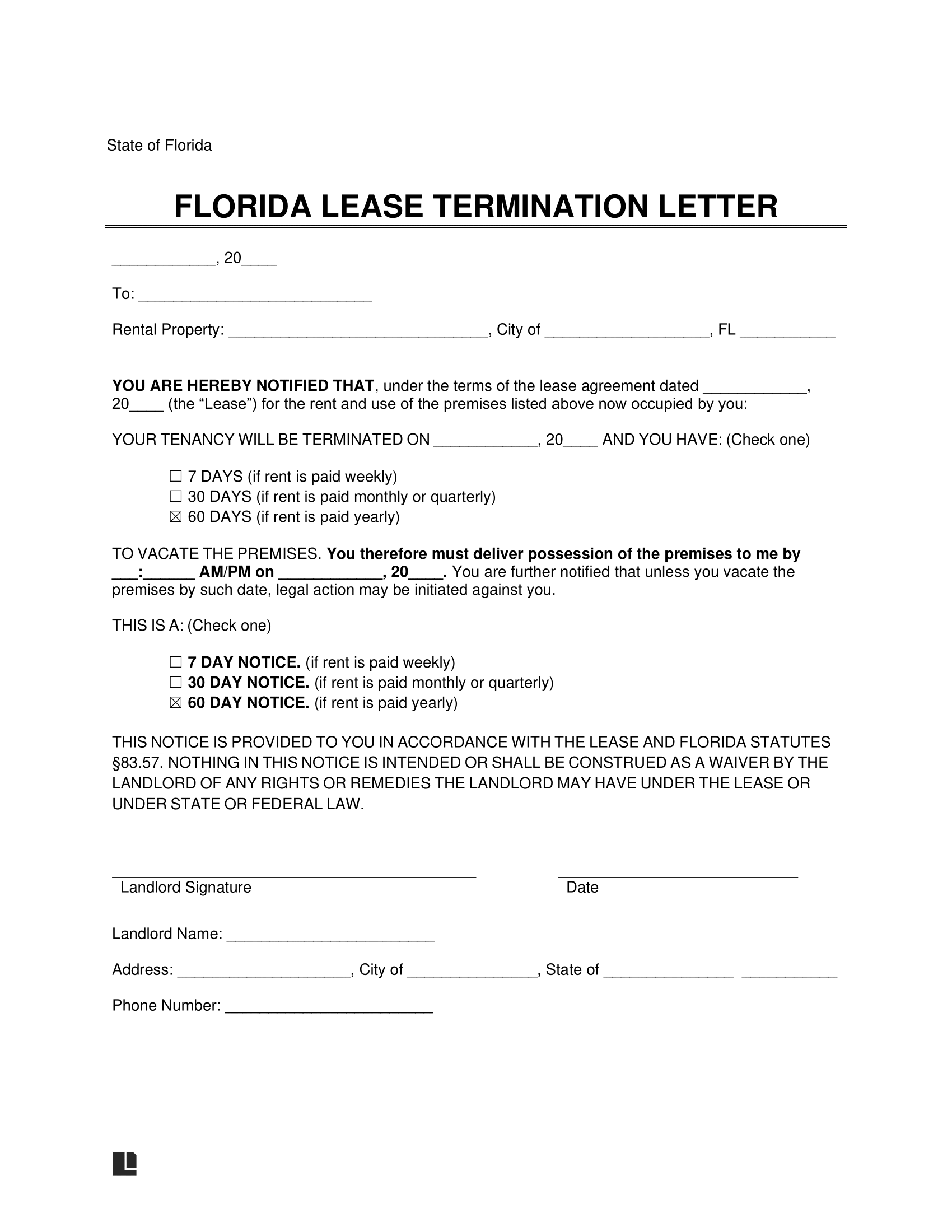 Florida Lease Termination Letter Template