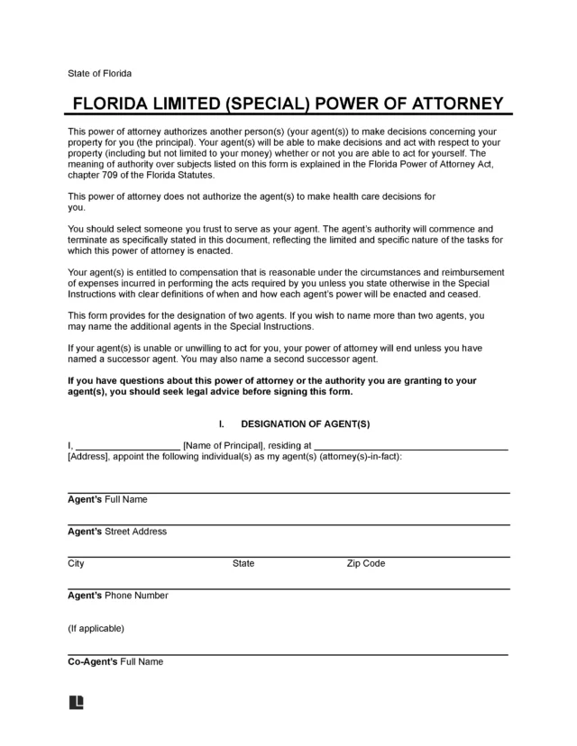 Florida Limited Power of Attorney Form