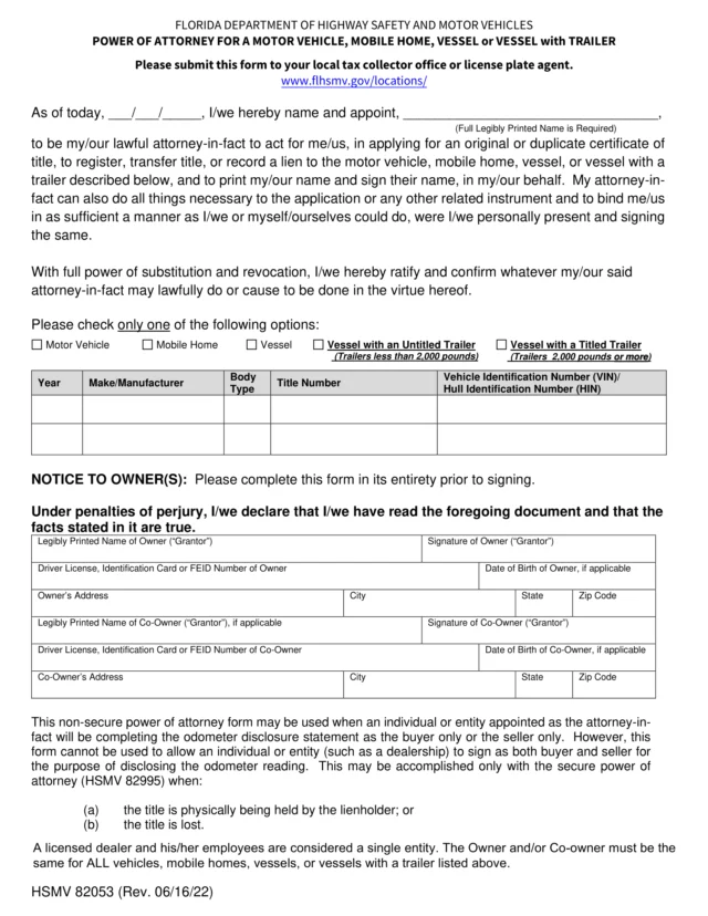 Florida Motor Vehicle Power of Attorney Form