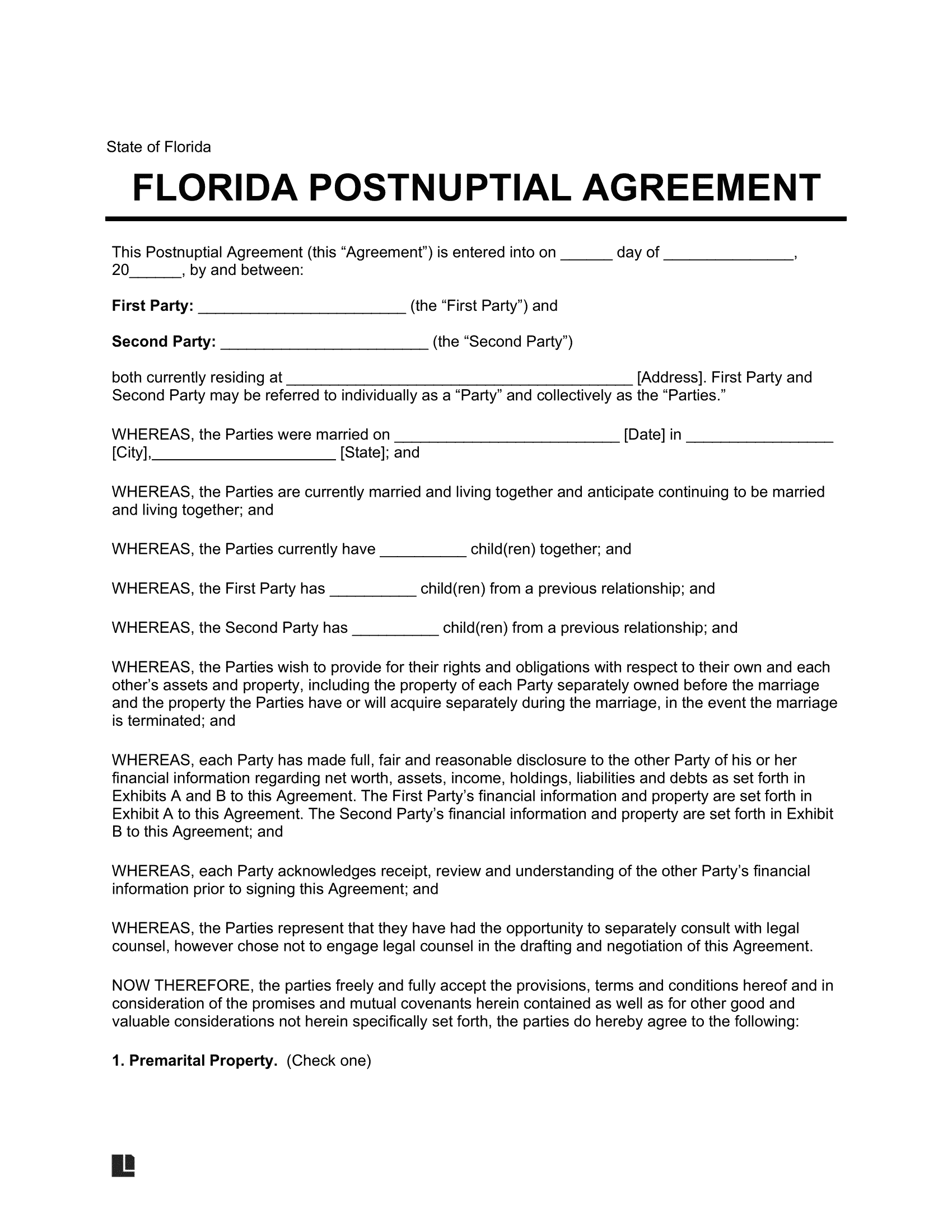 Florida Postnuptial Agreement Template