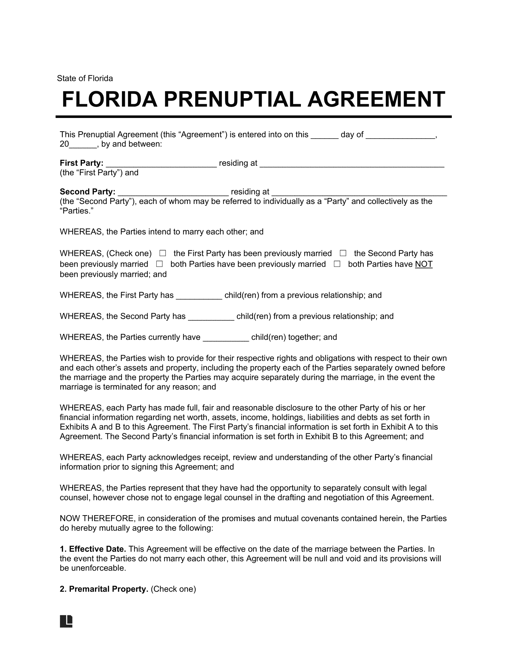 Florida Prenuptial Agreement Template