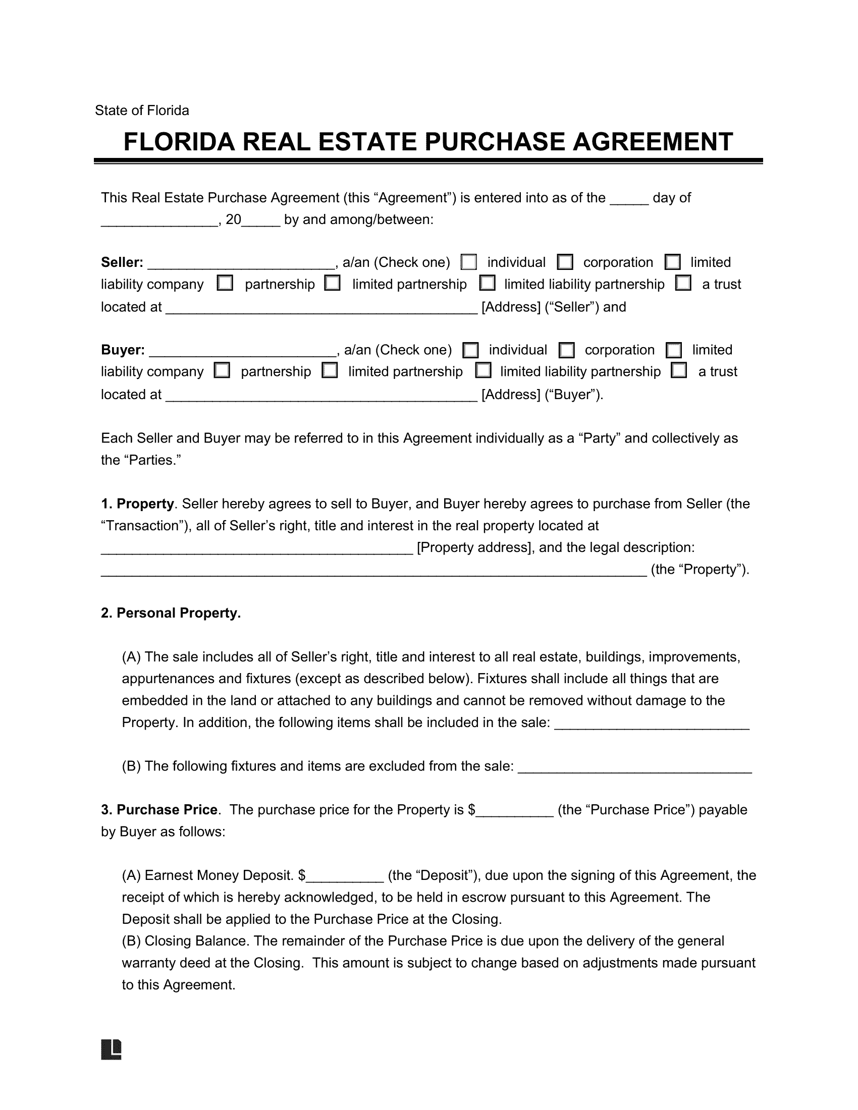 Florida Residential Purchase Agreement Template