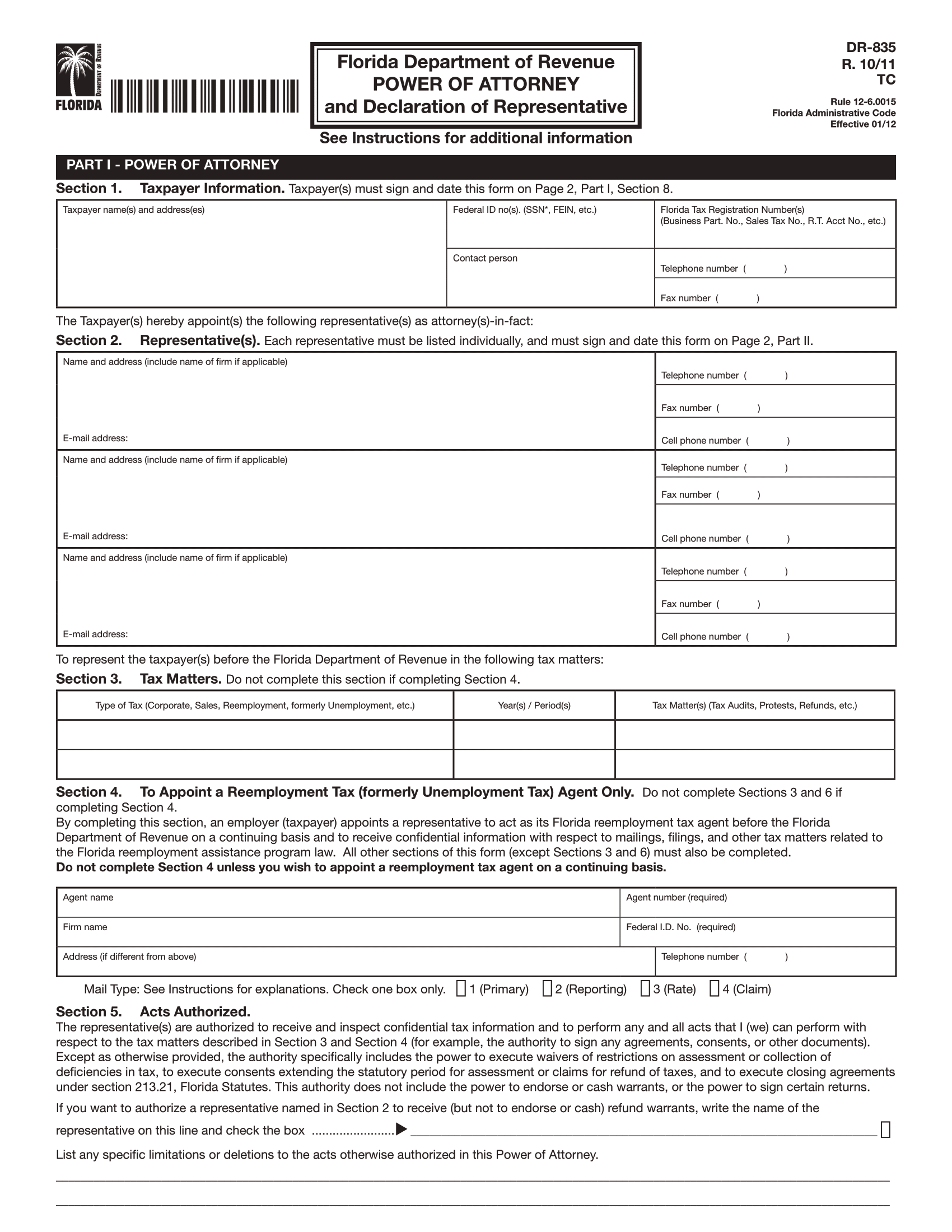 Florida Tax Power of Attorney Form DR-835