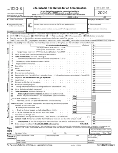 IRS Form 1120-S (2024) – U.S. Income Tax Return for an S Corporation. Official tax document for reporting business income, deductions, and credits.