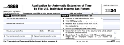 Form 4868 for requesting an extension to file a US individual income tax return