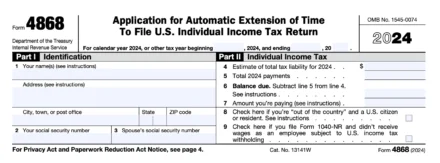 Form 4868 for requesting an extension to file a US individual income tax return