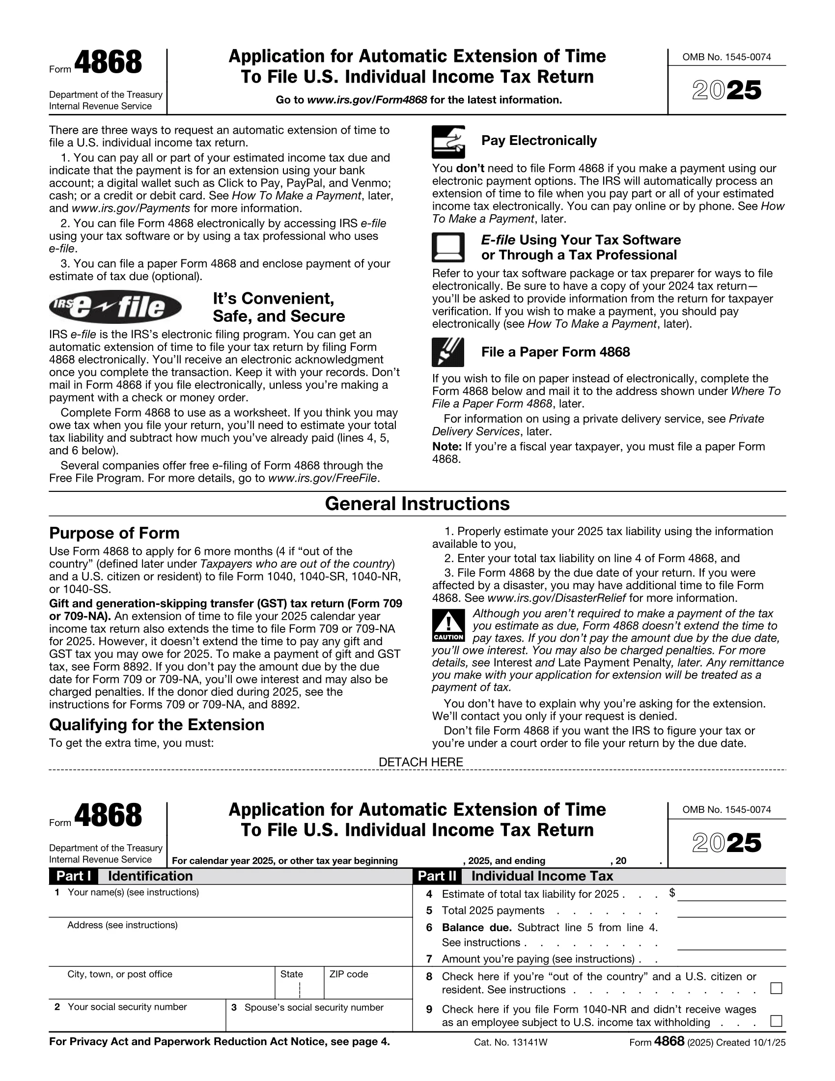 Form 4868 for requesting an extension to file a US individual income tax return