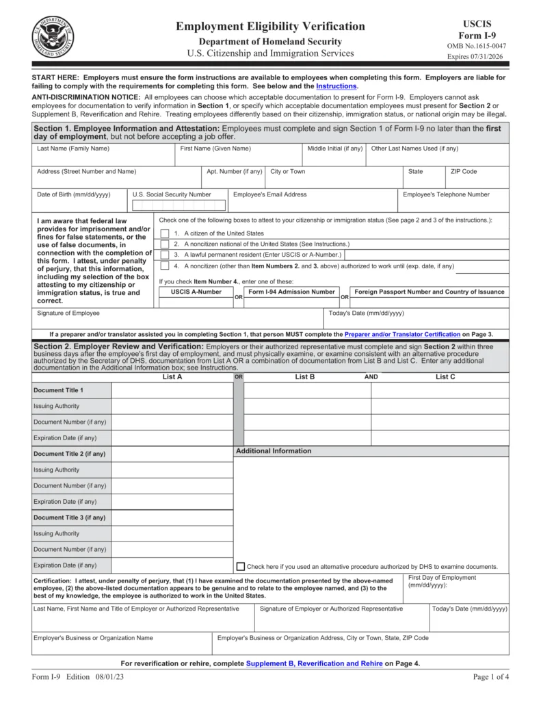 Free I-9 Form (Employment Eligibility Verification) | PDF