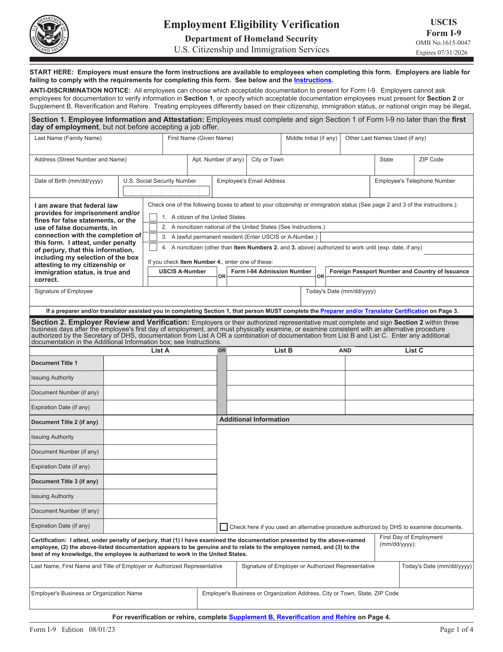 Form I-9 template