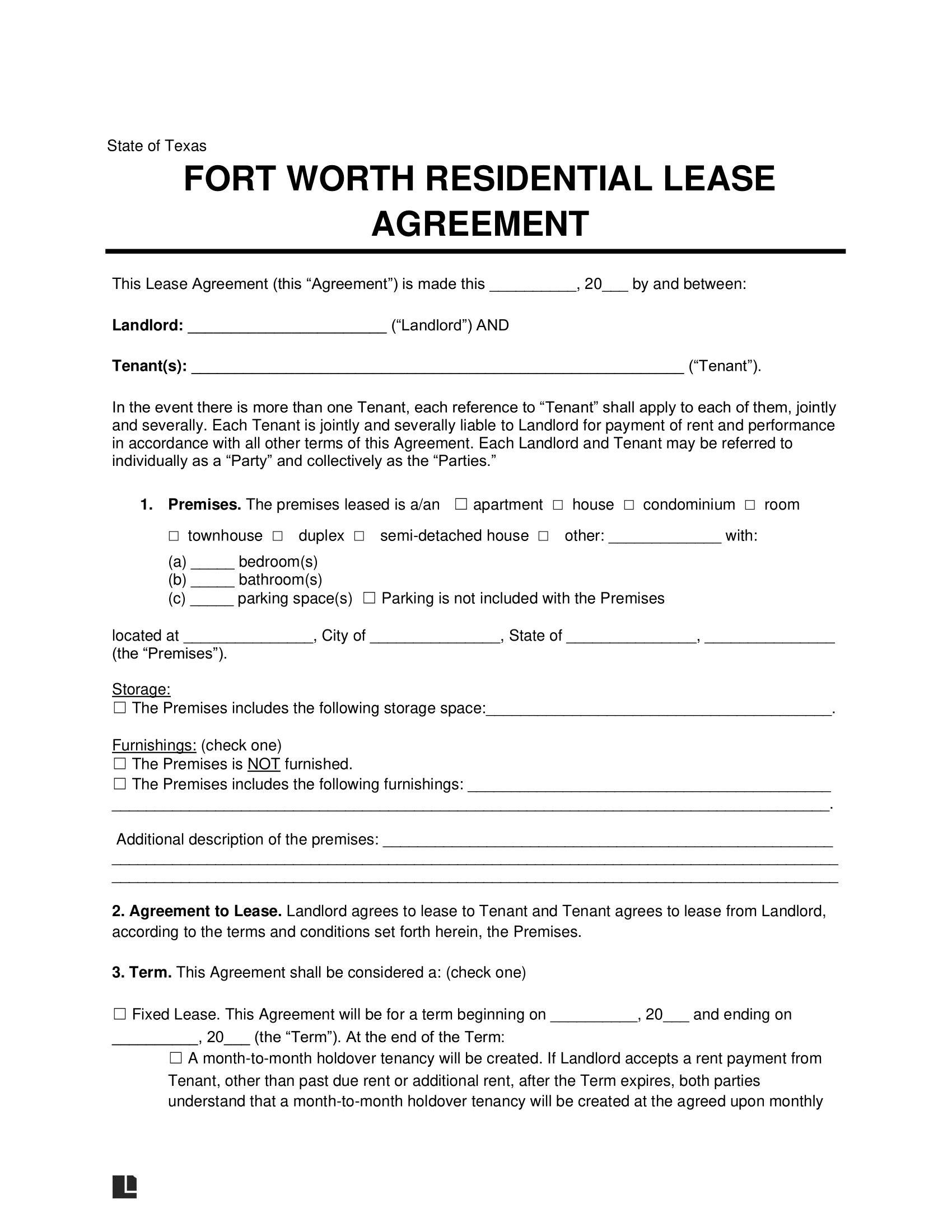 Fort Worth Residential Lease Agreement Template