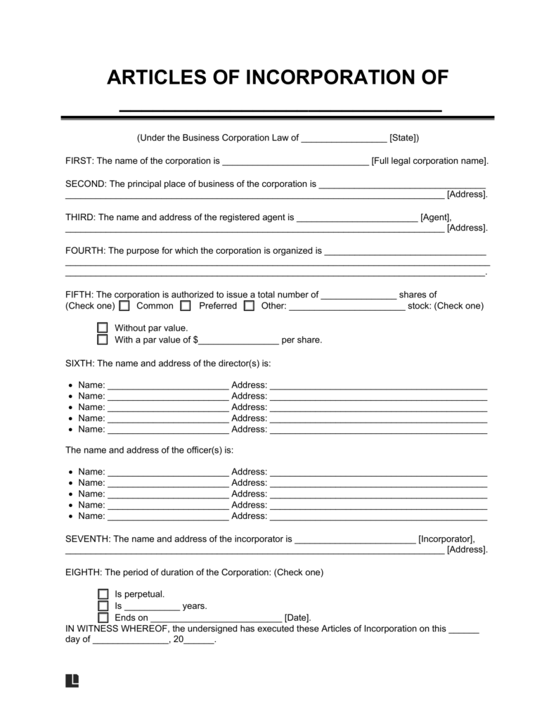 articles of incorporation template