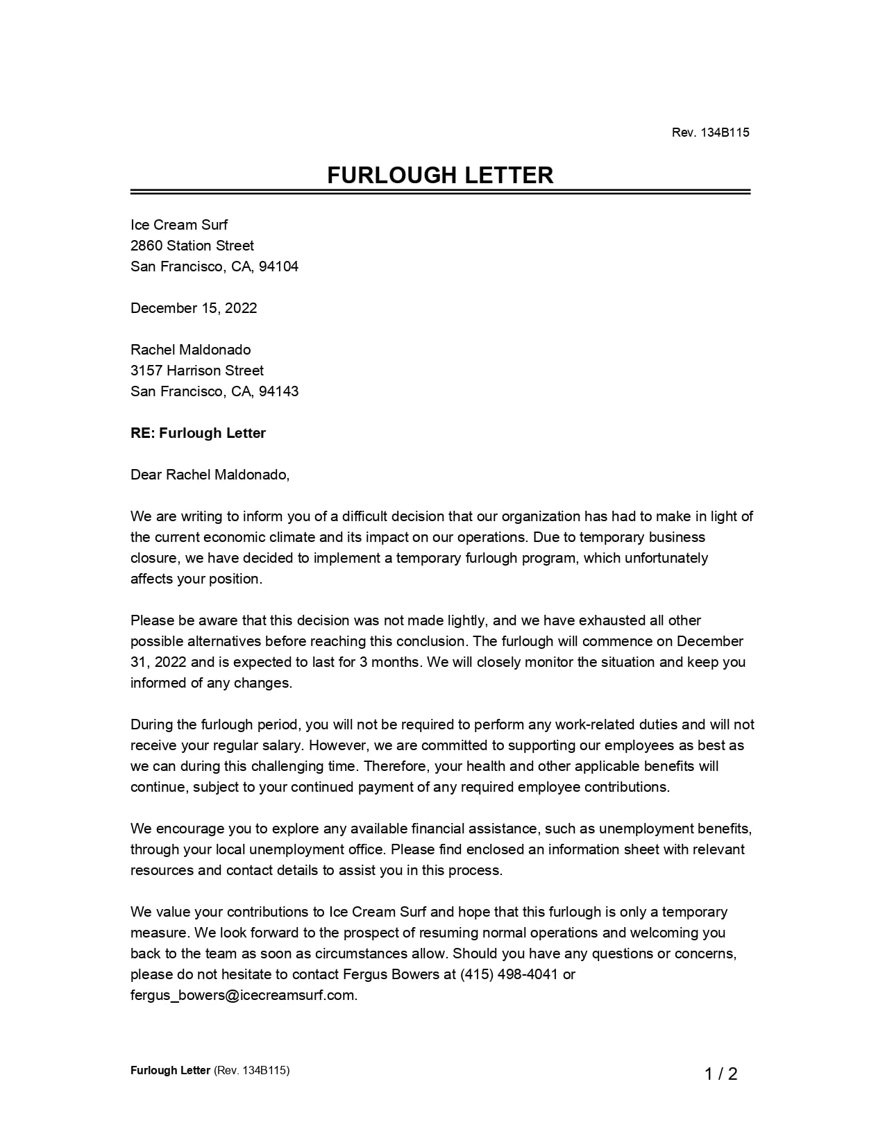 Furlough Letter example page 1