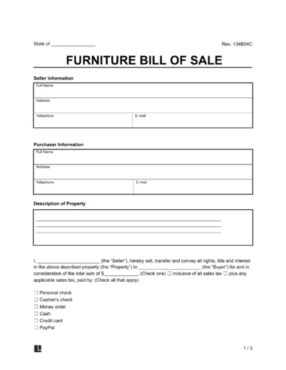 furniture bill of sale sample