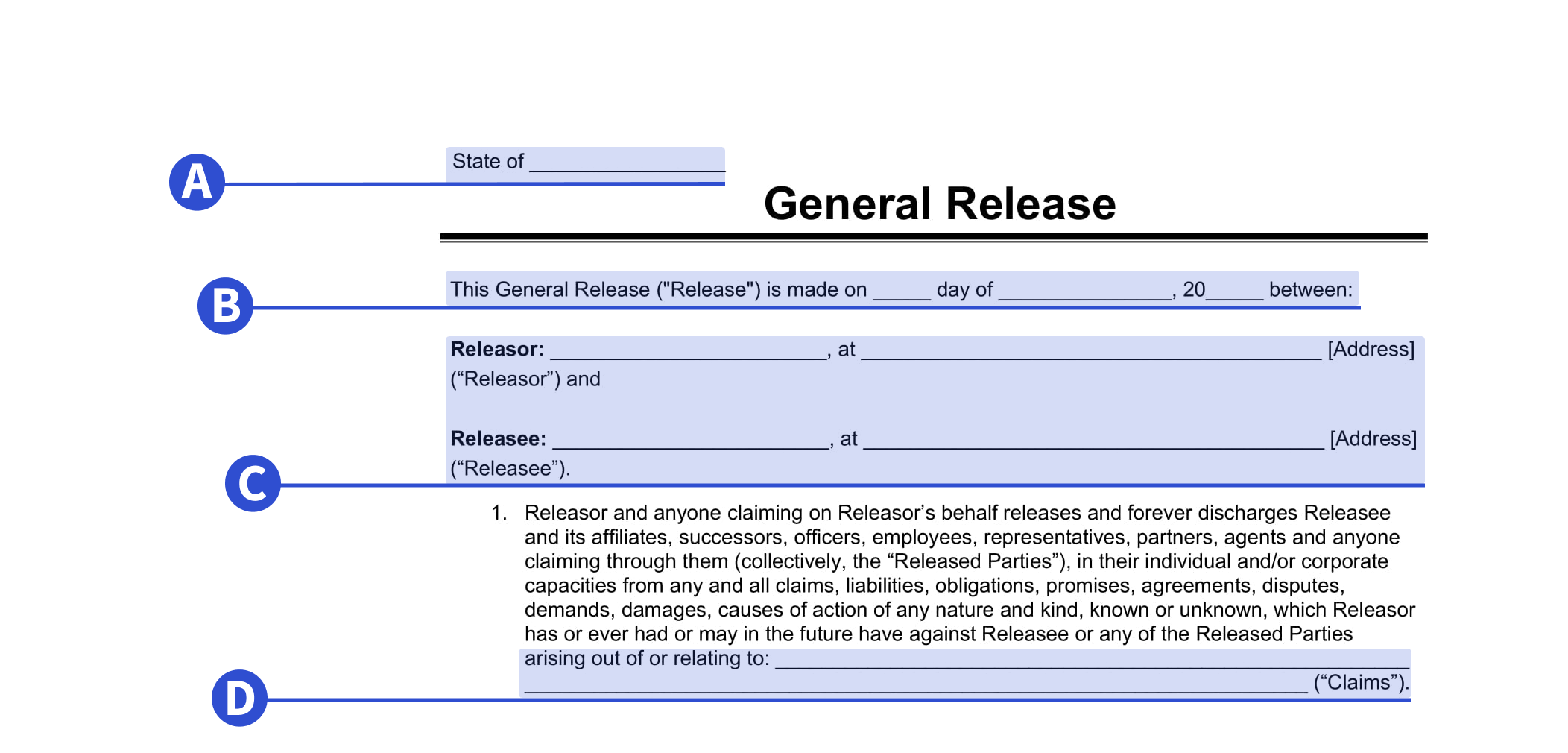 Section 1 of a general release of liability form