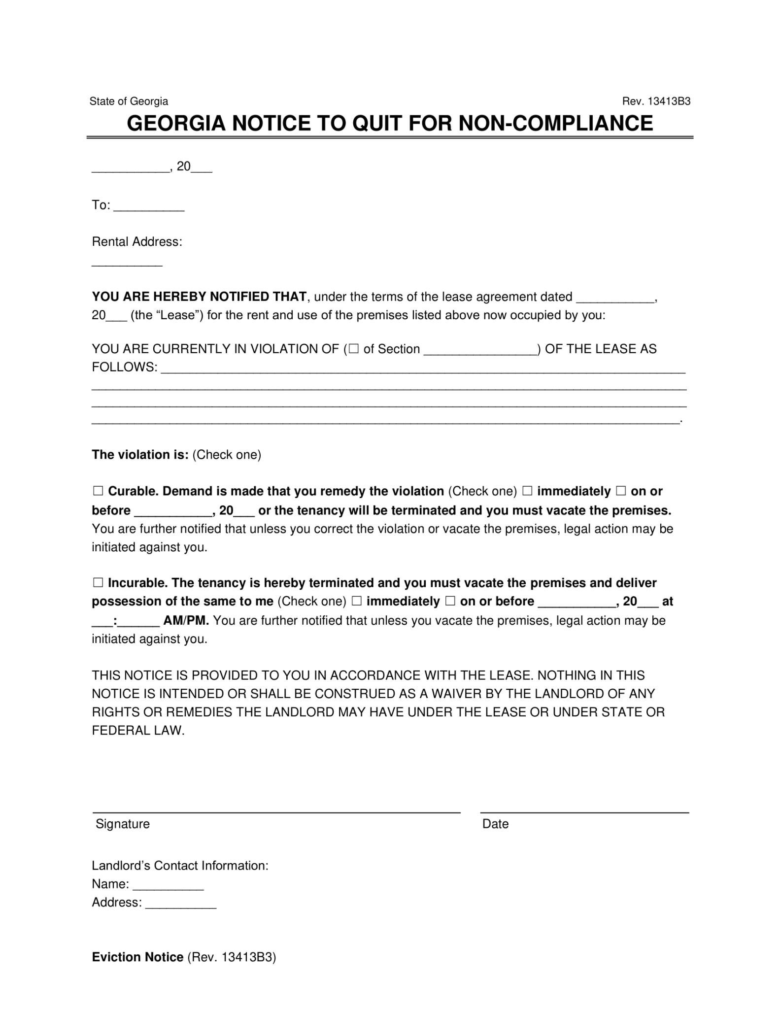 Free Georgia Immediate Notice to Quit | Non-Compliance | PDF & Word