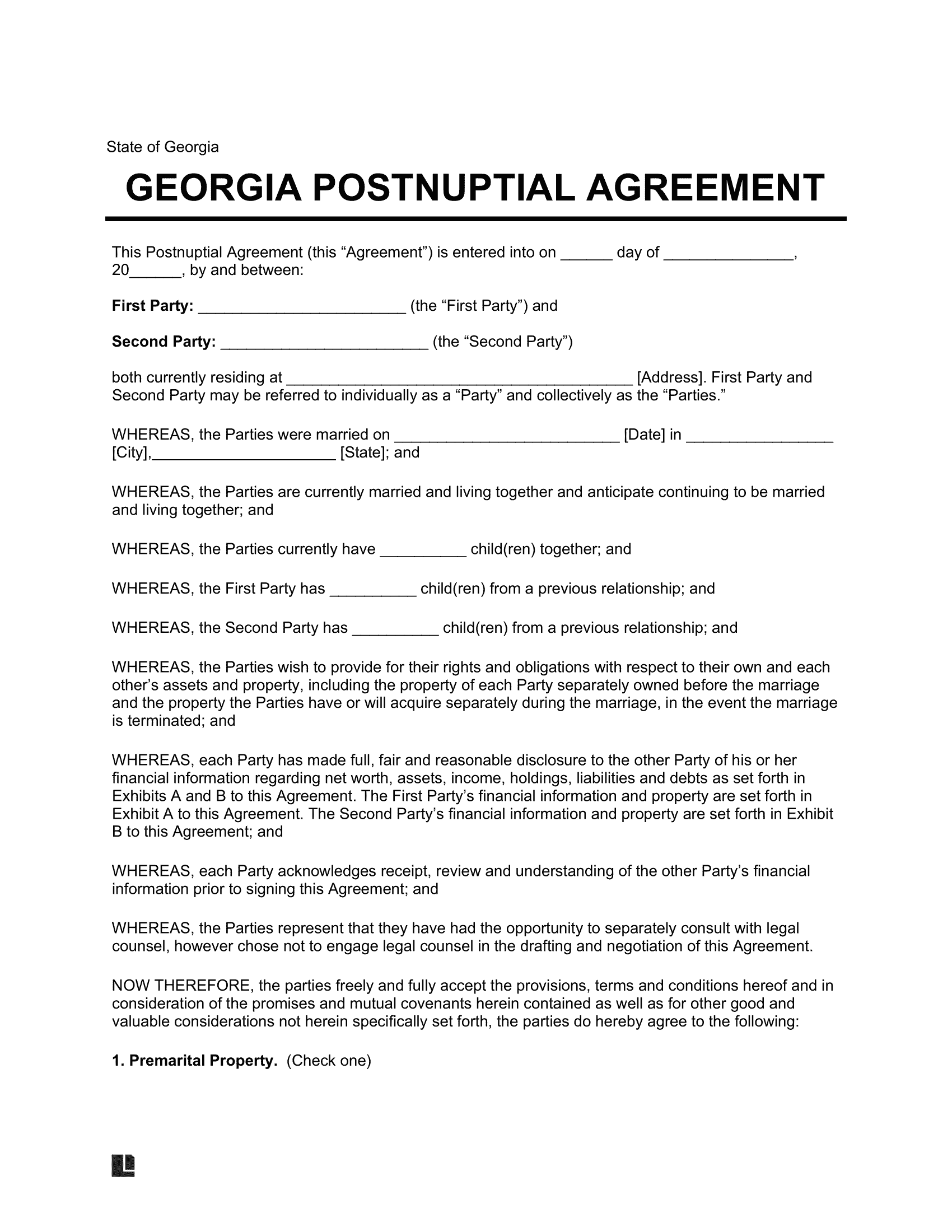Georgia Postnuptial Agreement Template