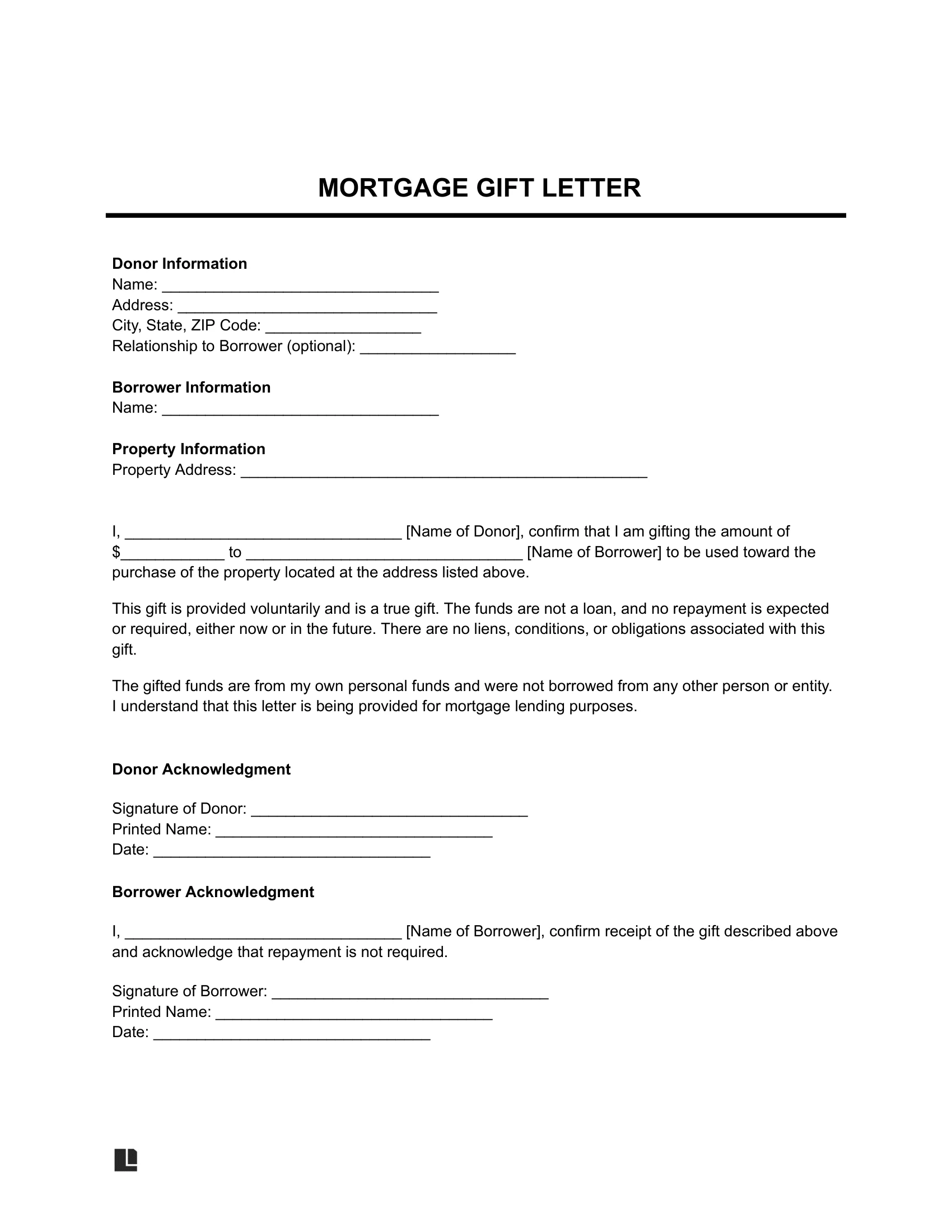 Free Gift Letter for a Mortgage Template PDF & Word