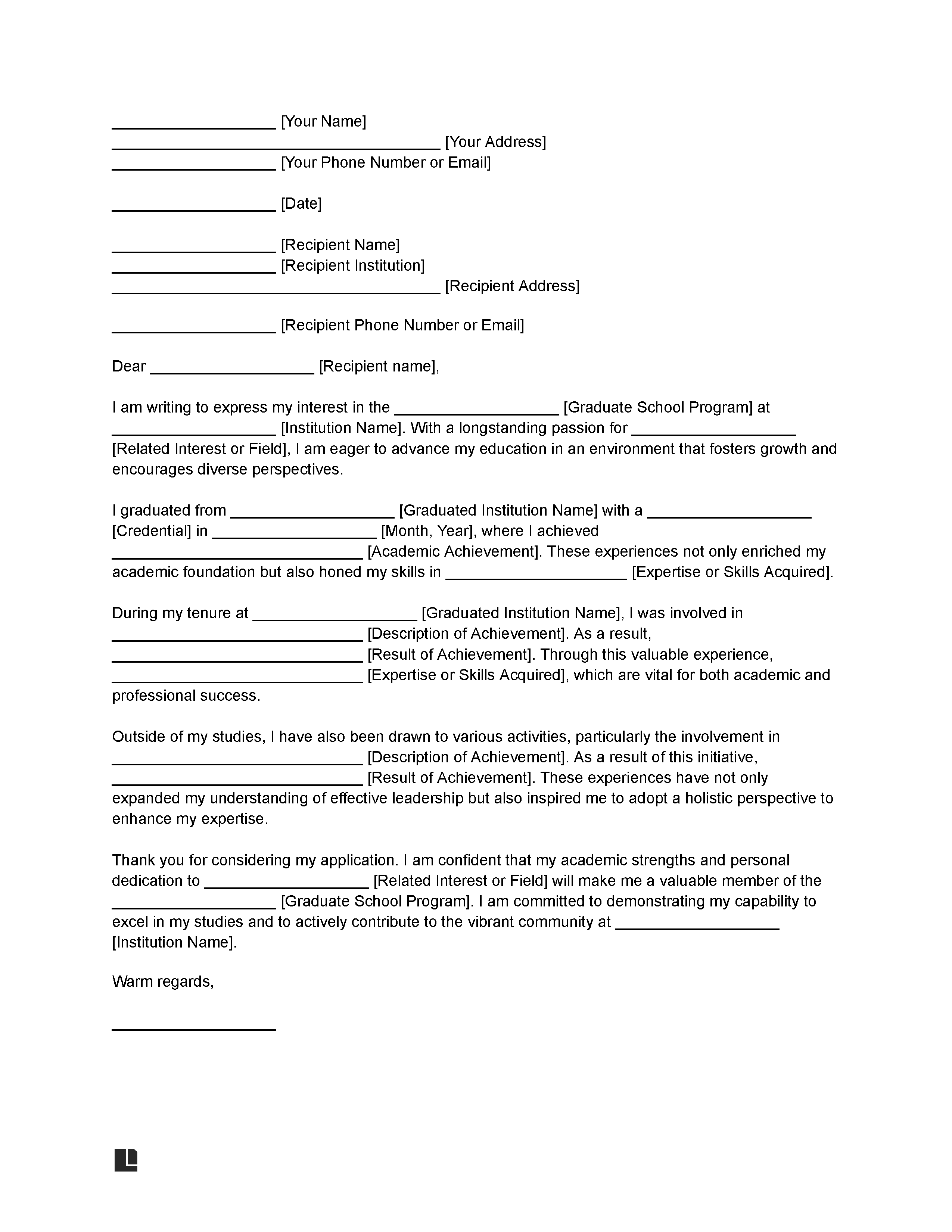 Graduate School Letter of Intent Template