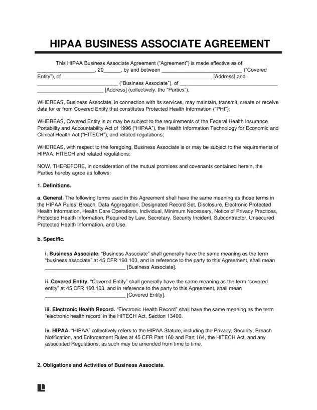 HIPAA Business Associate Agreement Template