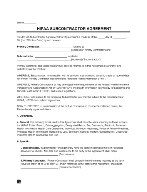 HIPAA Subcontractor Agreement Template