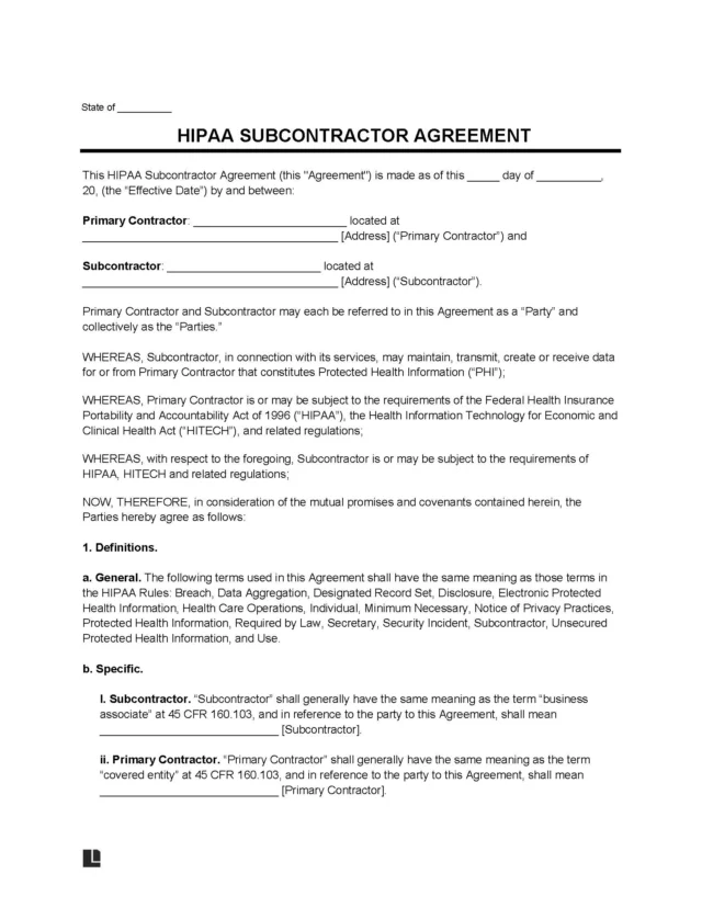 HIPAA Subcontractor Agreement Template