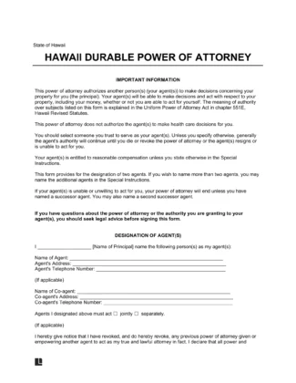 Hawaii Durable Statutory Power of Attorney Form