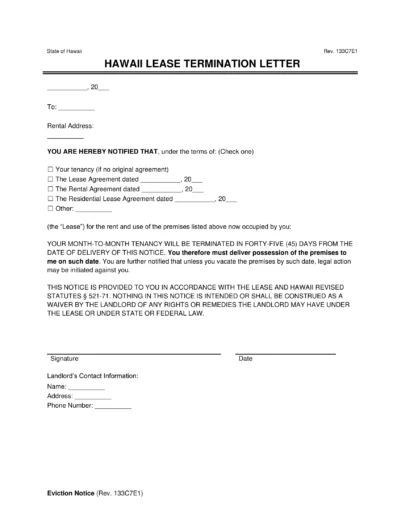 Hawaii Lease Termination Letter Template