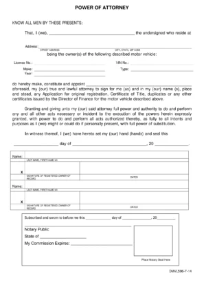 Hawaii Motor Vehicle Power of Attorney Form