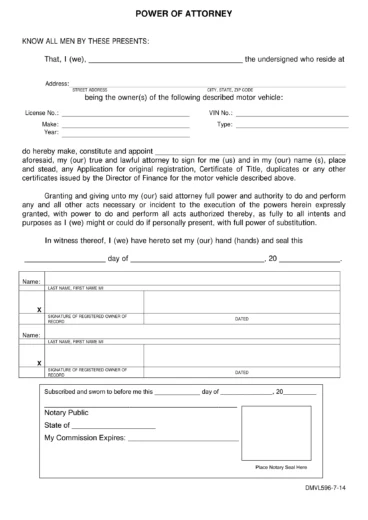 Hawaii Motor Vehicle Power of Attorney Form