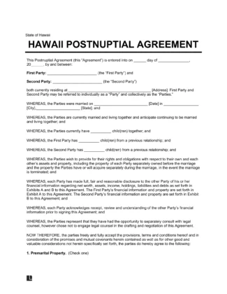 Hawaii Postnuptial Agreement Template