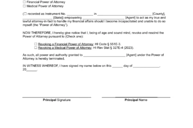 Hawaii Revocation Power of Attorney Form