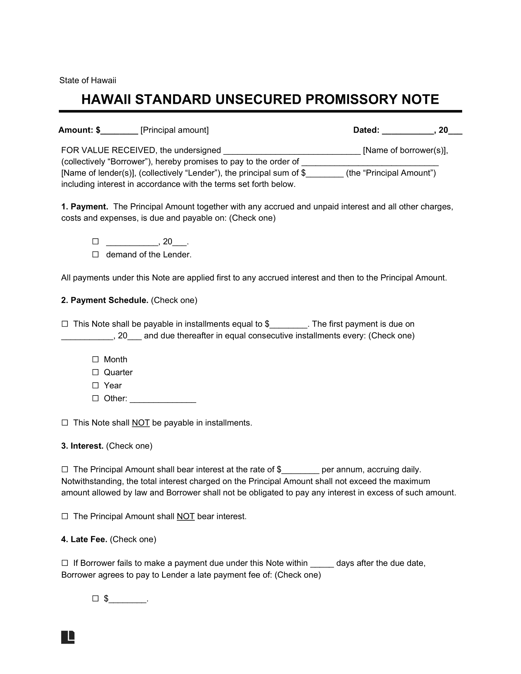 Hawaii Standard Unsecured Promissory Note Template