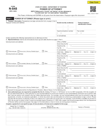 Hawaii Tax Power of Attorney Form N-848