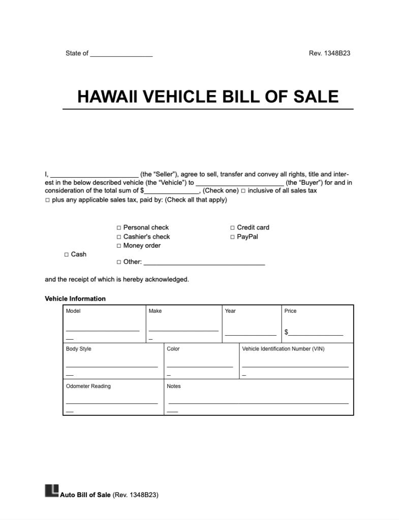 Free Hawaii Motor Vehicle Bill of Sale Form LegalTemplates