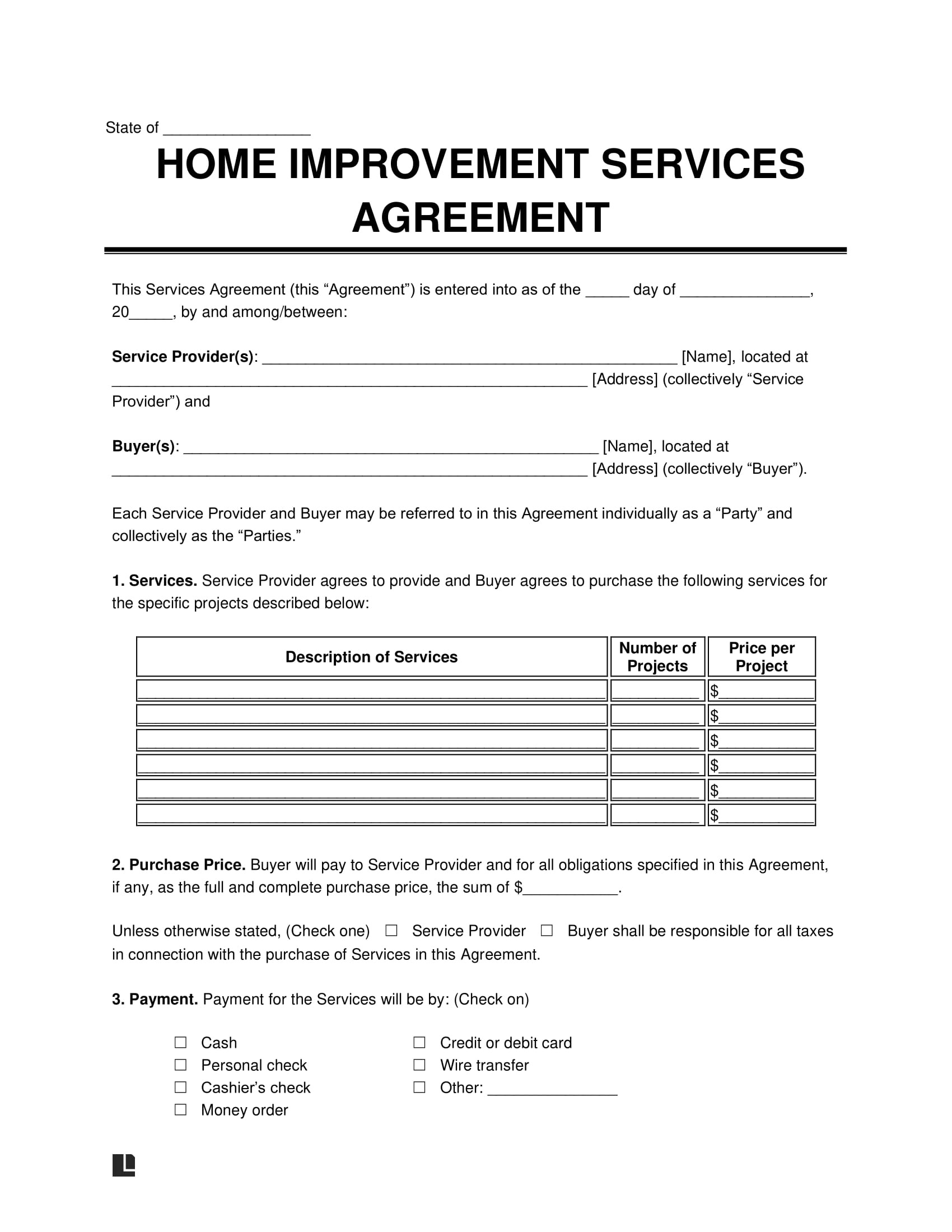 Free Printable Simple Home Repair Contract Template   Home Improvement Service Contract 1 Min 