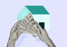 Person holding cash in front of a home to represent them keeping their home in a divorce with a buyout