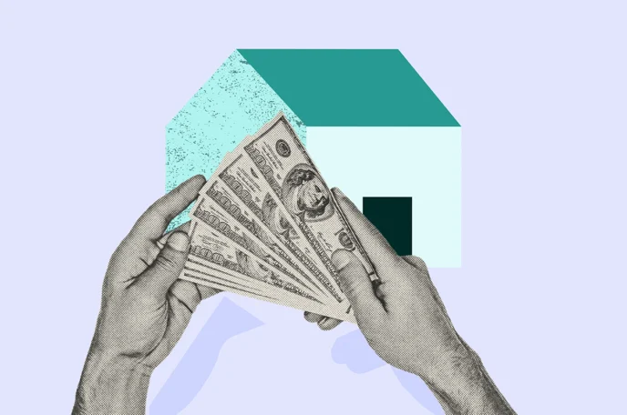 Person holding cash in front of a home to represent them keeping their home in a divorce with a buyout