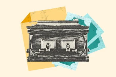 A casket surrounded by cash and legal documents, symbolizing the process of how to discover if someone left you money after they died
