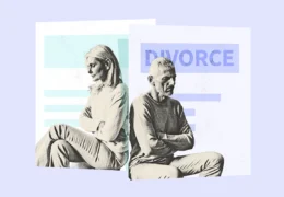 Divorce illustration of unhappy couple sitting back to back with arms crossed, legal separation documents in background